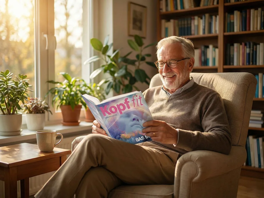 Älterer Mann liest Kopf-fit Buch im Sessel